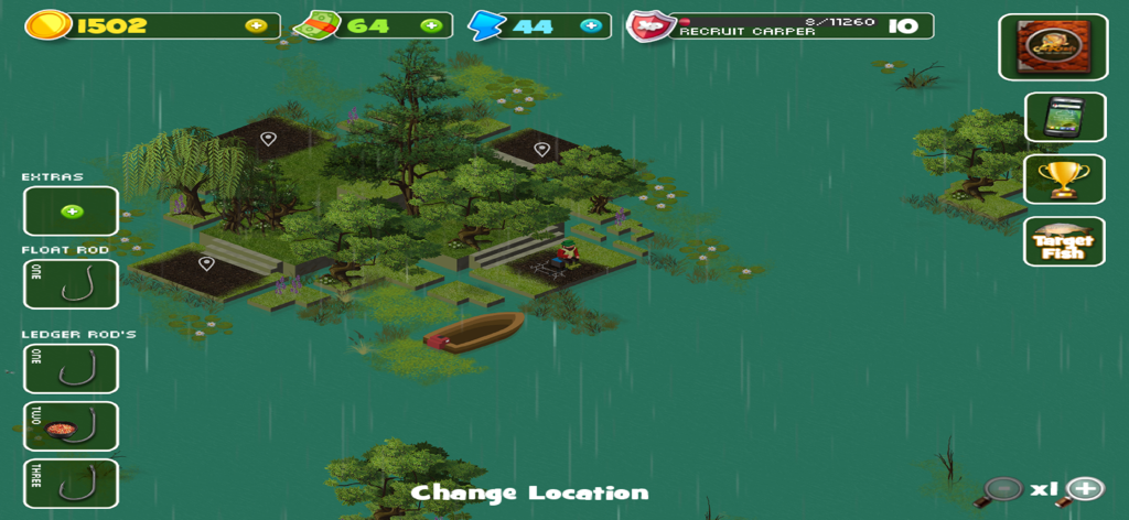 Carpcraft: Carp Fishing - Vista isométrica de un lugar de pesca en Carpcraft que muestra clima lluvioso y la interfaz de gestión de cañas