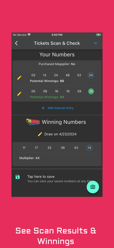 App screen showing scanned lottery ticket numbers compared to winning results and calculated winnings