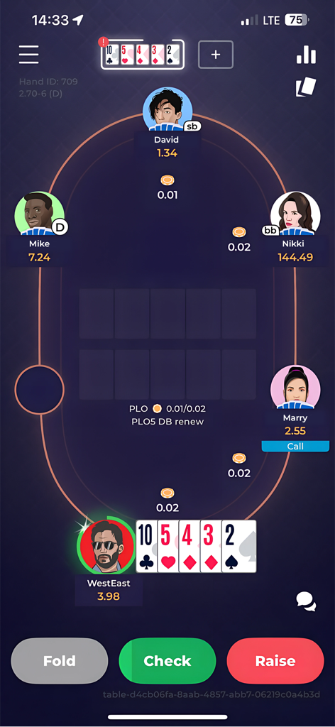 POKS Poker - Mobile gameplay view of POKS Poker showing a clean modern interface with player avatars at a table