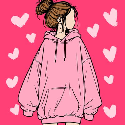 realistic girl with a oversized sweatshirt on and a bun