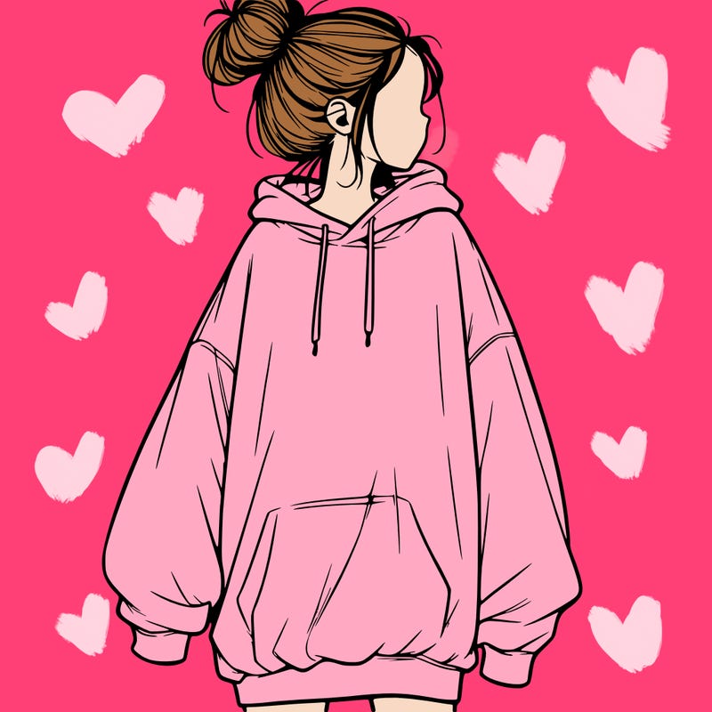 realistic girl with a oversized sweatshirt on and a bun