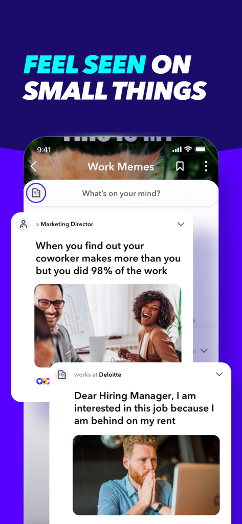Fishbowl: Professional Network - Fishbowl app screenshot showing work memes and anonymous professional posts about salary and hiring