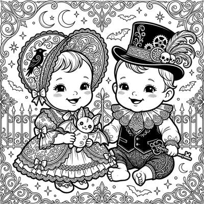 Step into a world where adorable meets arcane with this unique Gothic Victorian babies coloring page. Featuring two charming infants adorned in intricate lace, ornate hats, and a touch of spooky elegance, it promises a captivating coloring experience.