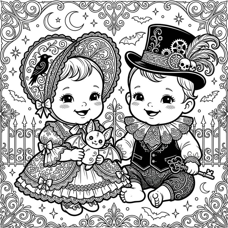 Step into a world where adorable meets arcane with this unique Gothic Victorian babies coloring page. Featuring two charming infants adorned in intricate lace, ornate hats, and a touch of spooky elegance, it promises a captivating coloring experience.