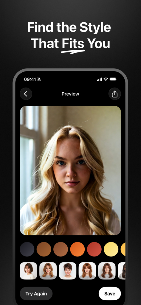 AI Hair Try-On & Color Studio - Interfaz de la aplicación AI Hair Try-On que muestra una vista previa virtual de color y estilo de cabello para una mujer con cabello largo y rubio
