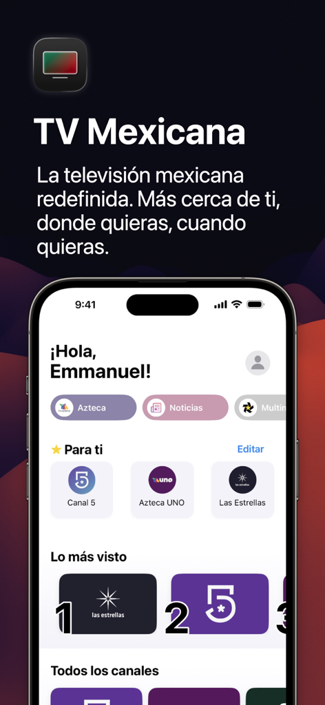TV Mexicana - En Vivo - Interfaz de la aplicación TV Mexicana mostrando canales de televisión mexicanos en vivo y categorías