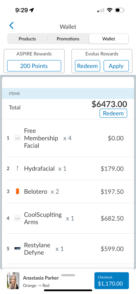 Aesthetic Record EMR patient wallet interface showing medical spa treatments and reward points