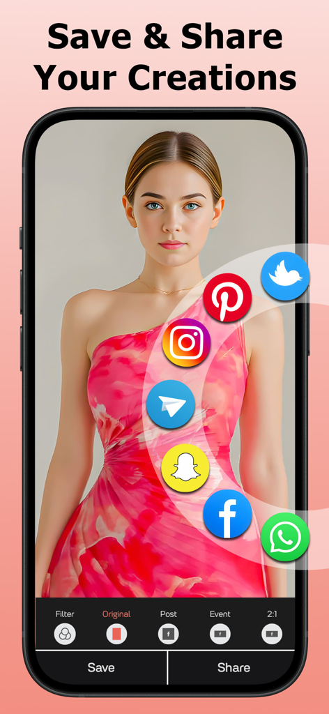 Recolor Dress & Clothes Colour - Recolor Dress app interface showing options to save and share edited outfit photos to social media platforms