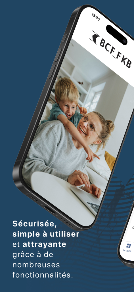 iPhone displaying the BCF Banking app with a family photo and French text highlighting its features