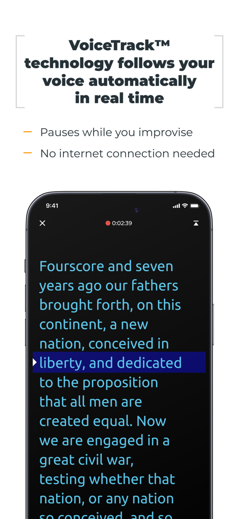 PromptSmart plus mobile teleprompter app interface on iPhone showing VoiceTrack speech recognition technology