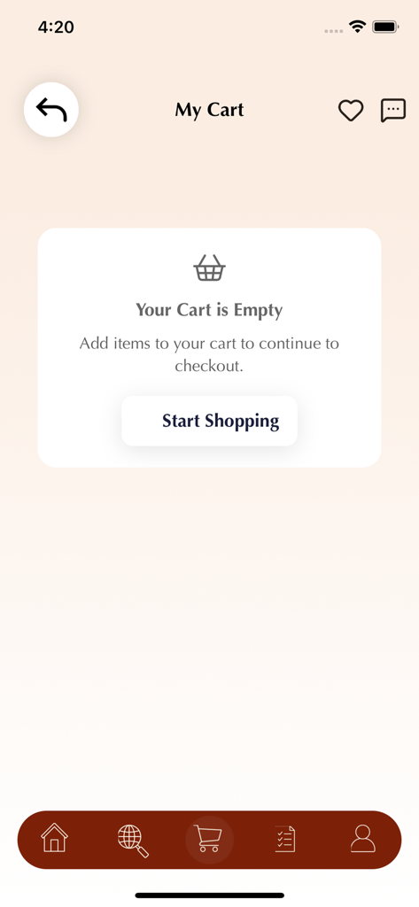 Empty shopping cart screen in the 3bayti app with a start shopping button.