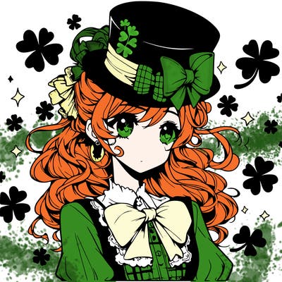 a manga-style girl with clovers around her, a little hat in her hair, like it's saint patrick's day