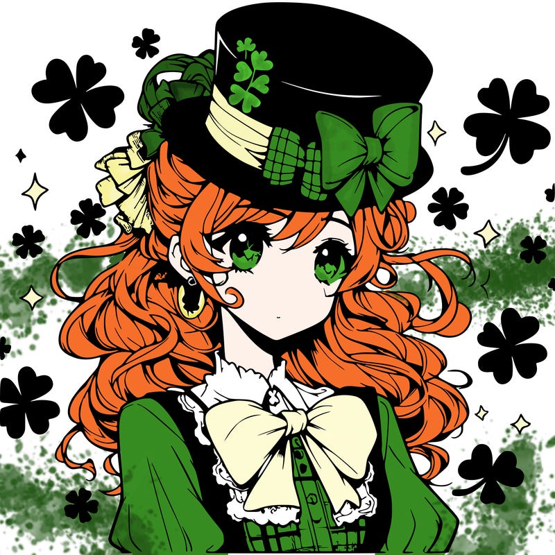 a manga-style girl with clovers around her, a little hat in her hair, like it's saint patrick's day