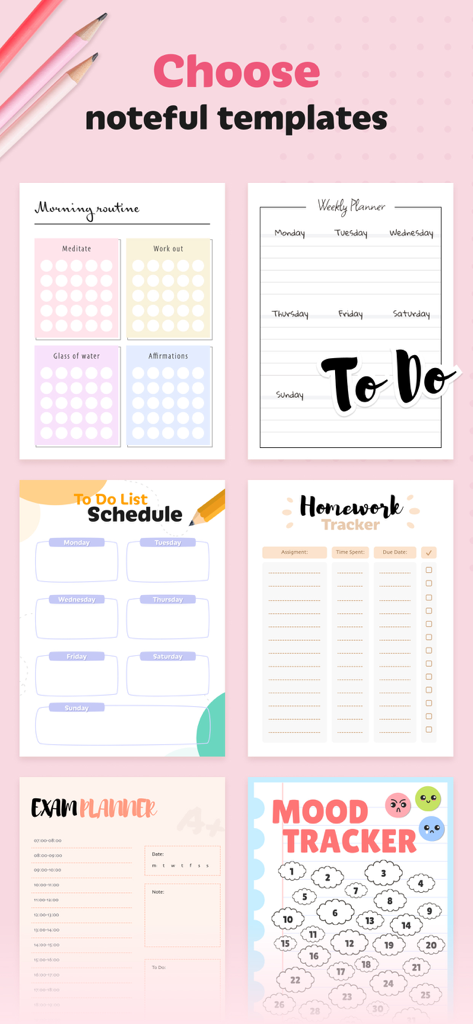 A collection of aesthetic digital planner templates for morning routines, weekly schedules, homework tracking, and mood journaling.