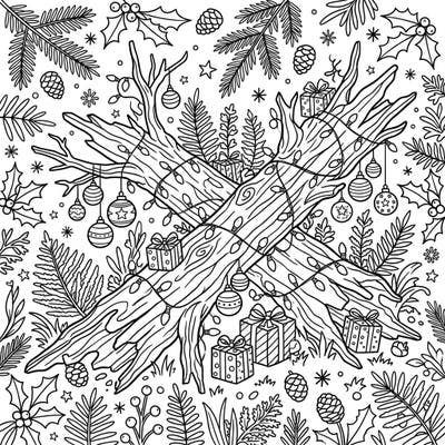 Discover the charm of nature meeting festive cheer with this unique Christmas coloring page. Intricate details of decorated fallen logs surrounded by holiday elements await your artistic touch.