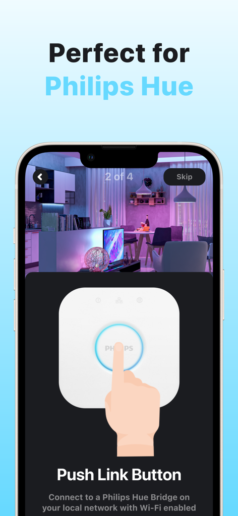 Hue Party for Philips Hue - Pantalla de configuración en la aplicación Hue Party que muestra instrucciones para presionar el botón de enlace en un puente Philips Hue.