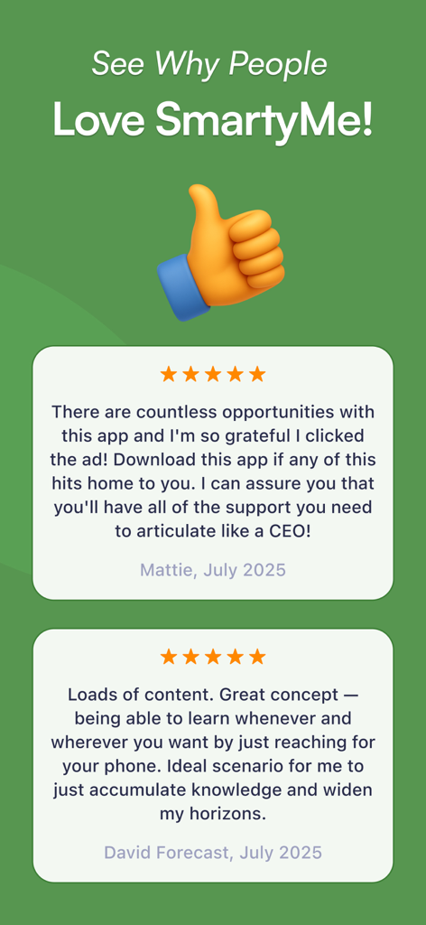 SmartyMe教育アプリの5つ星の顧客レビュー。ユーザーの証言が紹介されています。