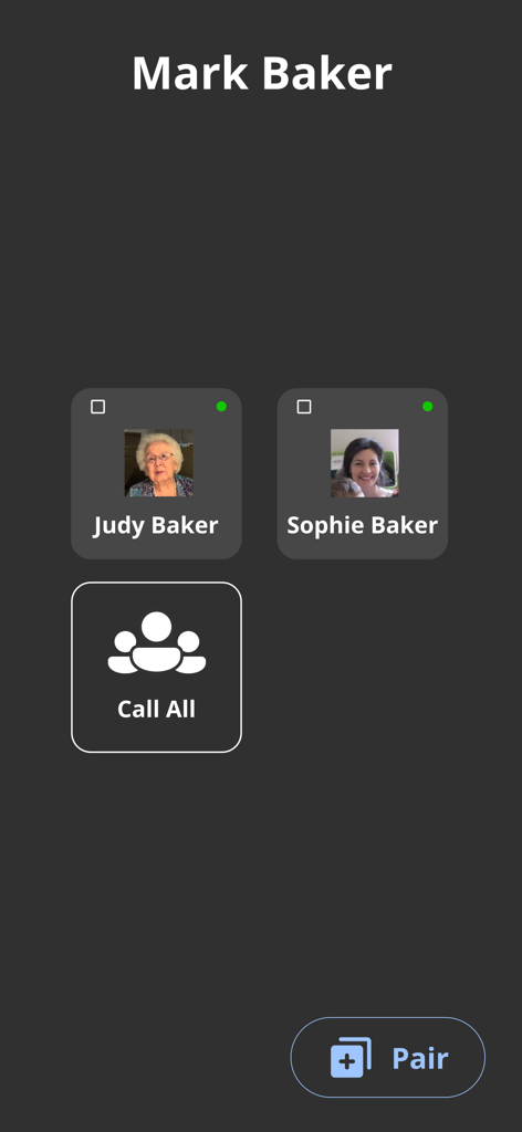 CareWindow - CareWindow app screen displaying contact tiles for family members and a call all button