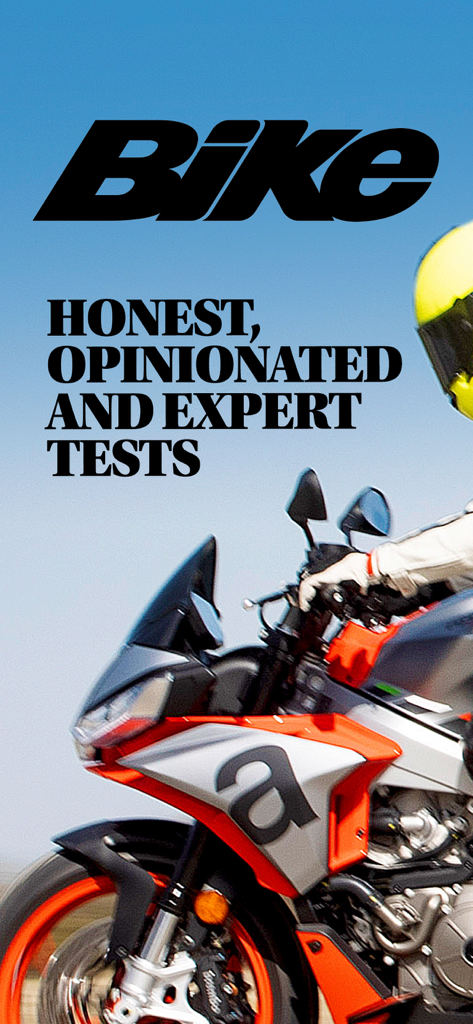 Écran promotionnel de l'application Bike Magazine avec un motard et texte d'essais d'experts