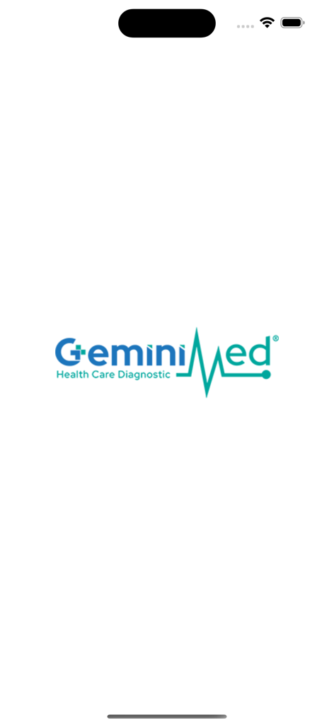 Logo de diagnostic de soins de santé Gemini Med sur un écran de démarrage blanc