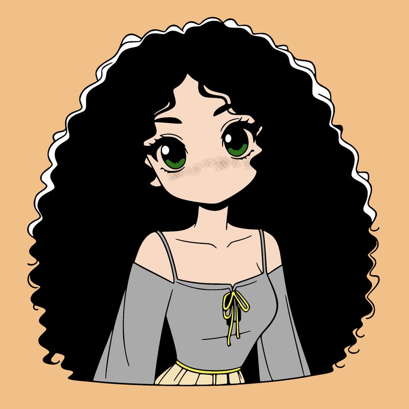 a black anime girl with long afro hair