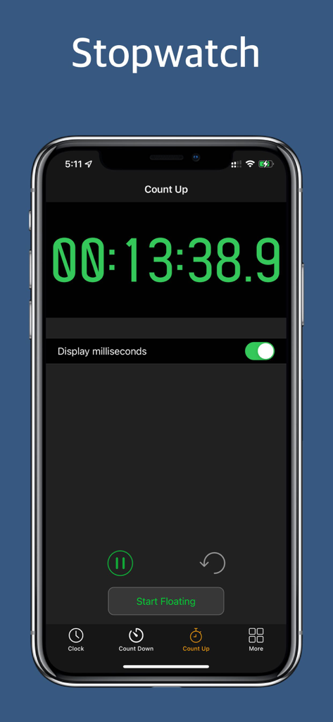 LCT Floating Timer - Stopwatch - LCT Floating Timer app stopwatch screen with green digital display and millisecond precision