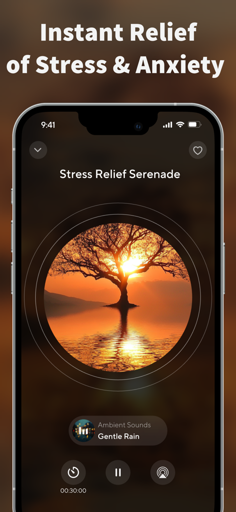 Green Noise app interface for instant stress and anxiety relief featuring a sunset tree