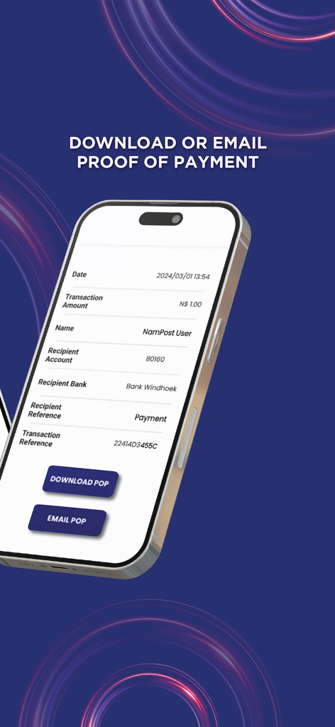 MyNamPost Banking - MyNamPost Banking app showing proof of payment with download and email options
