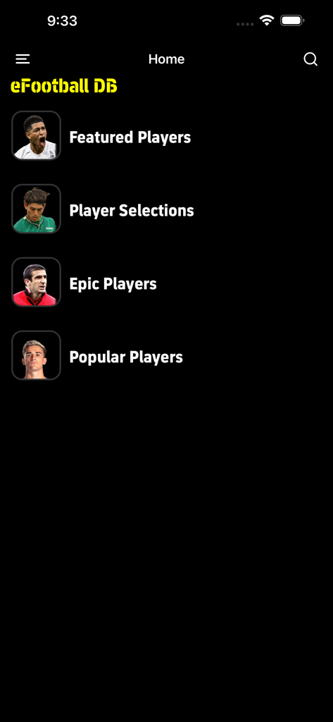 eFootball DB - Home screen of eFootball DB app with menu options for Featured Player Selections Epic and Popular Players