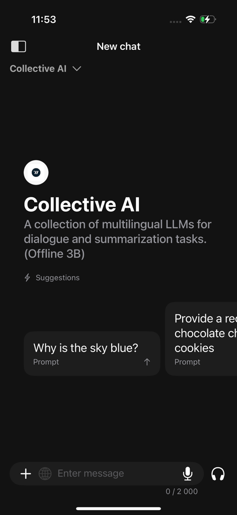Collective AI - Interfaz de la aplicación Collective AI mostrando una nueva pantalla de chat con opciones de LLM sin conexión.