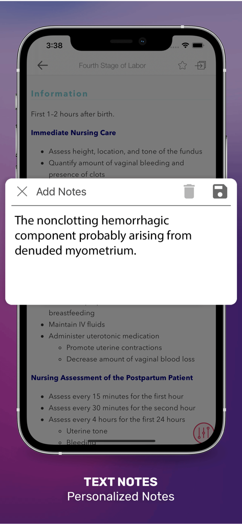 OB/GYN Peds Notes - Una pantalla de teléfono inteligente que muestra la función de notas personalizadas en la aplicación OB/GYN Peds Notes con detalles de evaluación de enfermería clínica al fondo.