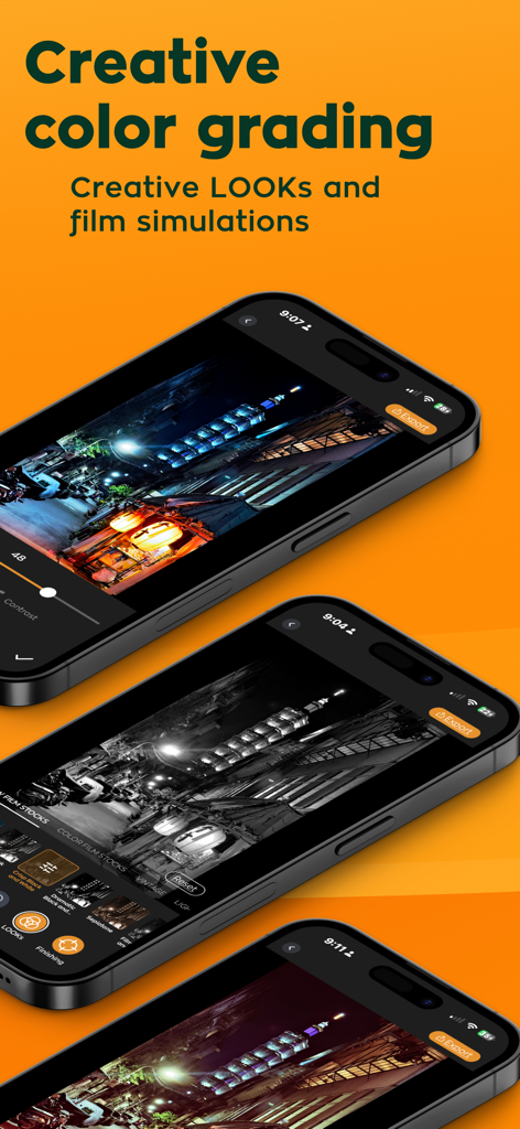 Radiant: AI Photo&Video Editor - iPhone screens showing creative color grading and film simulations in the Radiant AI photo editor