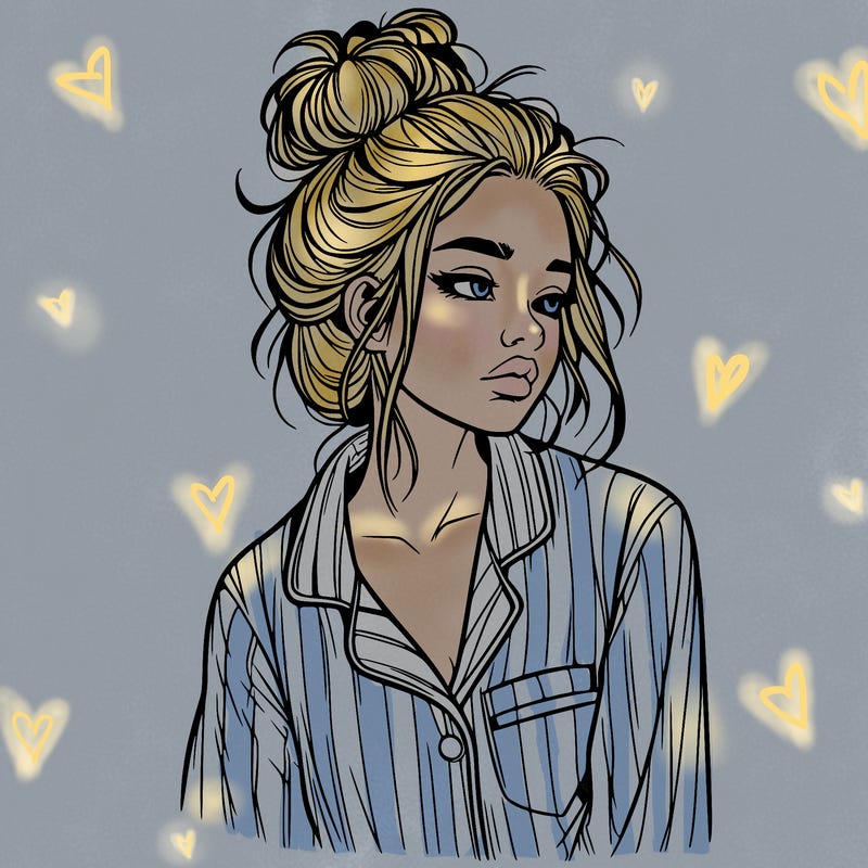 realistic woman with pajamas on and a messy bun