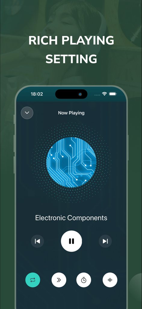 The Wakee app music player interface showing playback controls and a track named Electronic Components.
