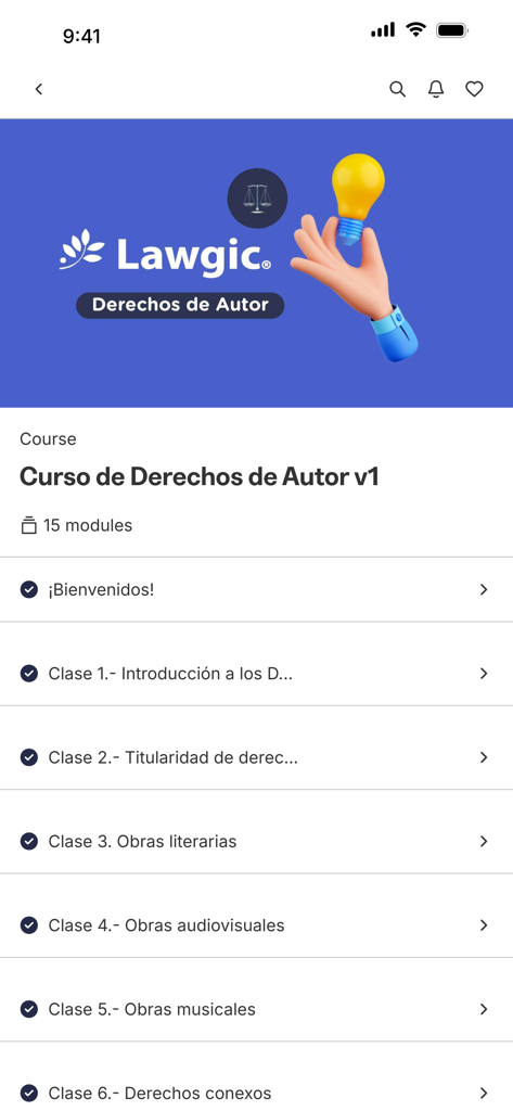 Lawgic - Lawgic app interface showing a Copyright Law course with a list of lesson modules.