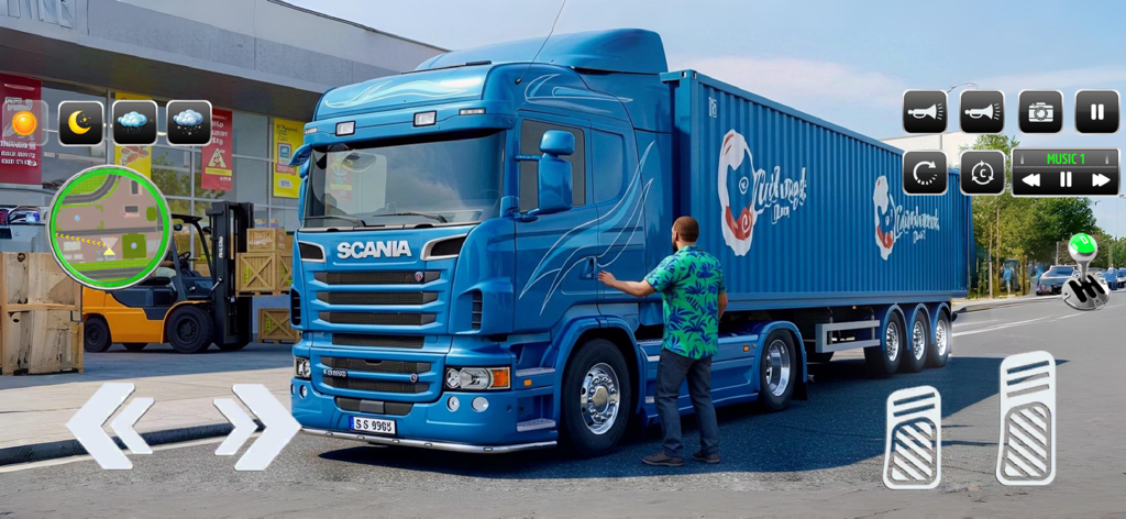 Factory Truck Simulator Games - Un camión semi-azul aparcado en un almacén en un juego de simulador de conducción de camiones