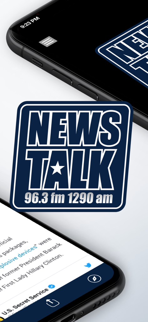 NewsTalk 1290 (KWFS-AM) - Interfaz de la aplicación de radio NewsTalk 1290 mostrando el logotipo de la estación y el feed de noticias en un smartphone
