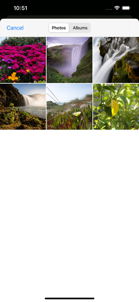 Sharpen Photos - Sharpen Photosアプリのインターフェース。鮮明化とノイズ除去のために自然の画像グリッドが表示されています。