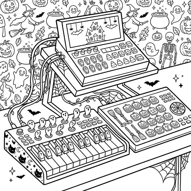 Dive into a uniquely spooky creative experience with this Halloween-themed coloring page featuring intricate MIDI controllers. Perfect for electronic music enthusiasts and lovers of all things eerie, this design brings together your passion for beats and the thrill of Halloween.