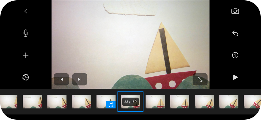 Stop Motion Studio Pro - Interface do Stop Motion Studio Pro mostrando um projeto de animação de barco de papel com uma linha do tempo de quadros