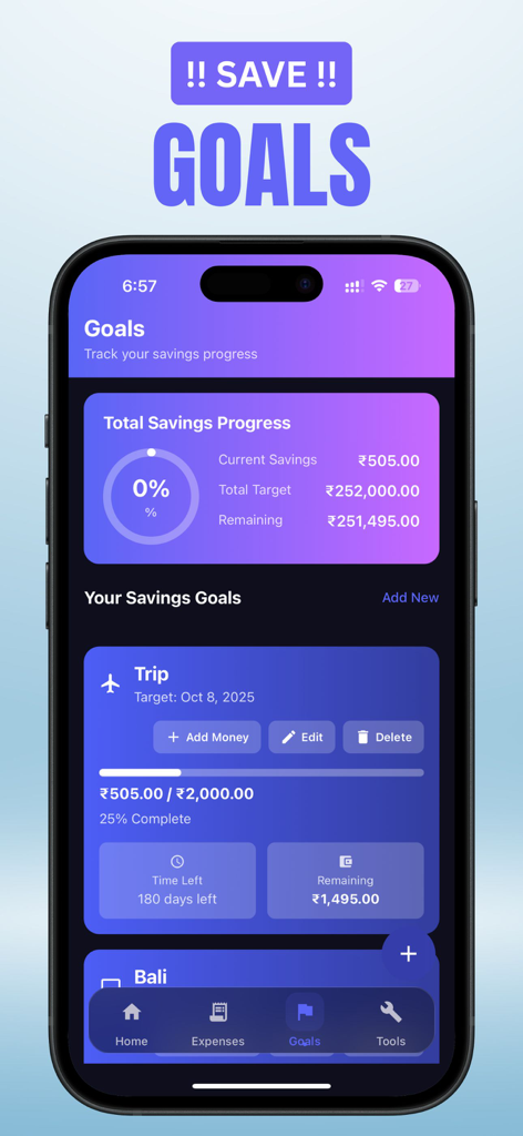 Tela do aplicativo MoneyMap mostrando metas de economia para uma viagem e Bali com gráficos de acompanhamento de progresso