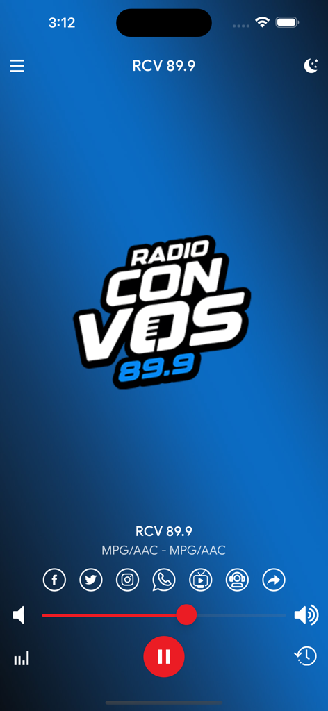 Interface do player de streaming ao vivo do aplicativo Radio Con Vos 89.9 FM