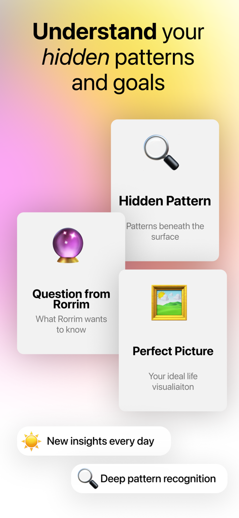 Rorrim - Smart AI Journal - A screen from the Rorrim app showcasing features like hidden pattern analysis, AI questions, and goal visualization.