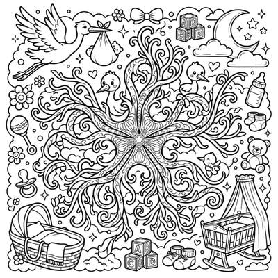 Unfold a world of aquatic wonder and joyous anticipation with this unique Basket Star Baby Shower coloring page. Perfect for celebrating new arrivals, this design blends intricate sea life with heartwarming nursery motifs, offering a delightful and calming coloring experience.