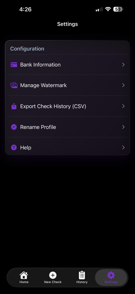 The settings and configuration screen of the Check Generator app showing options for bank information and watermarks