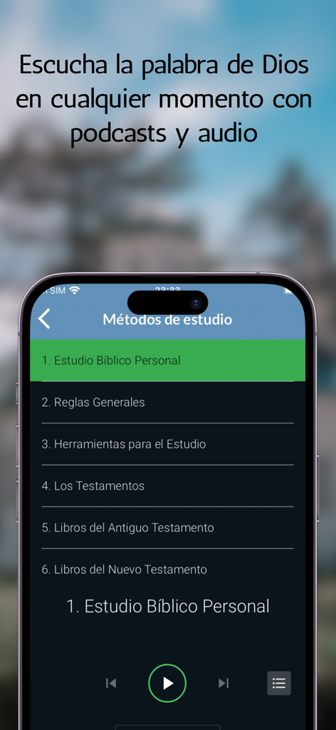 Santa Biblia NVI - Interfaz de la aplicación Santa Biblia NVI mostrando métodos de estudio bíblico y controles del reproductor de audio en español.