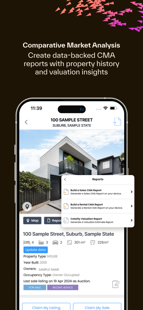 A mobile phone screen showing the Comparative Market Analysis feature within the RP Data app, displaying property details and report generation options.