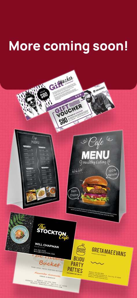 Menu Maker: Design Creator - Examples of professional restaurant menus business cards and gift vouchers