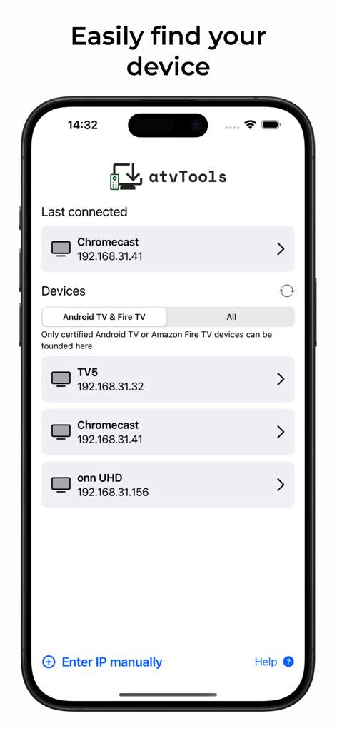 Screen showing discovered Android TV devices on the atvTools iPhone app.