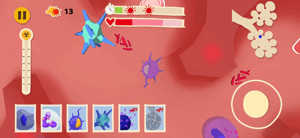 Gameplay of Cells in Action showing stylized immune cells fighting viruses inside the body
